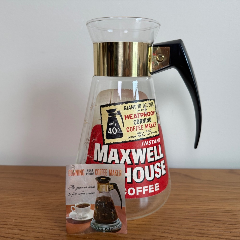 Vintage Maxwell House Corning Glass Coffee Carafe Atomic Gold Starburst MCM 10oz